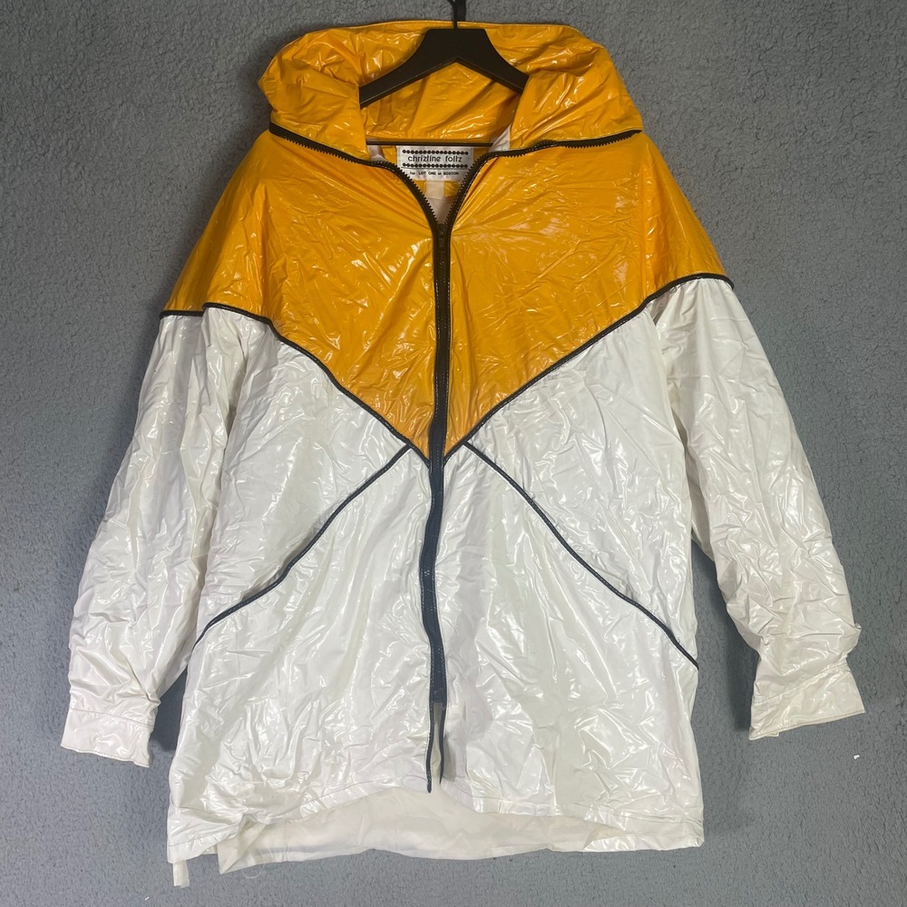 Vintage Chriztine Foltz for Lot One of Boston Yellow White Hooded Raincoat 80s - Picture 4 of 10